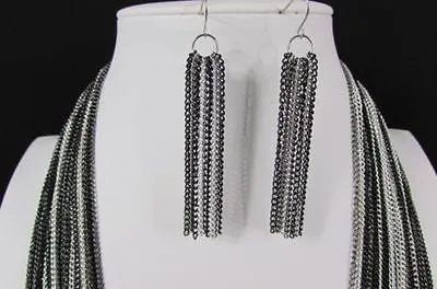 Thin Multi Chain Long Strands Necklace   Earrings
