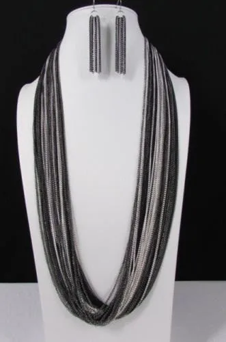 Thin Multi Chain Long Strands Necklace   Earrings