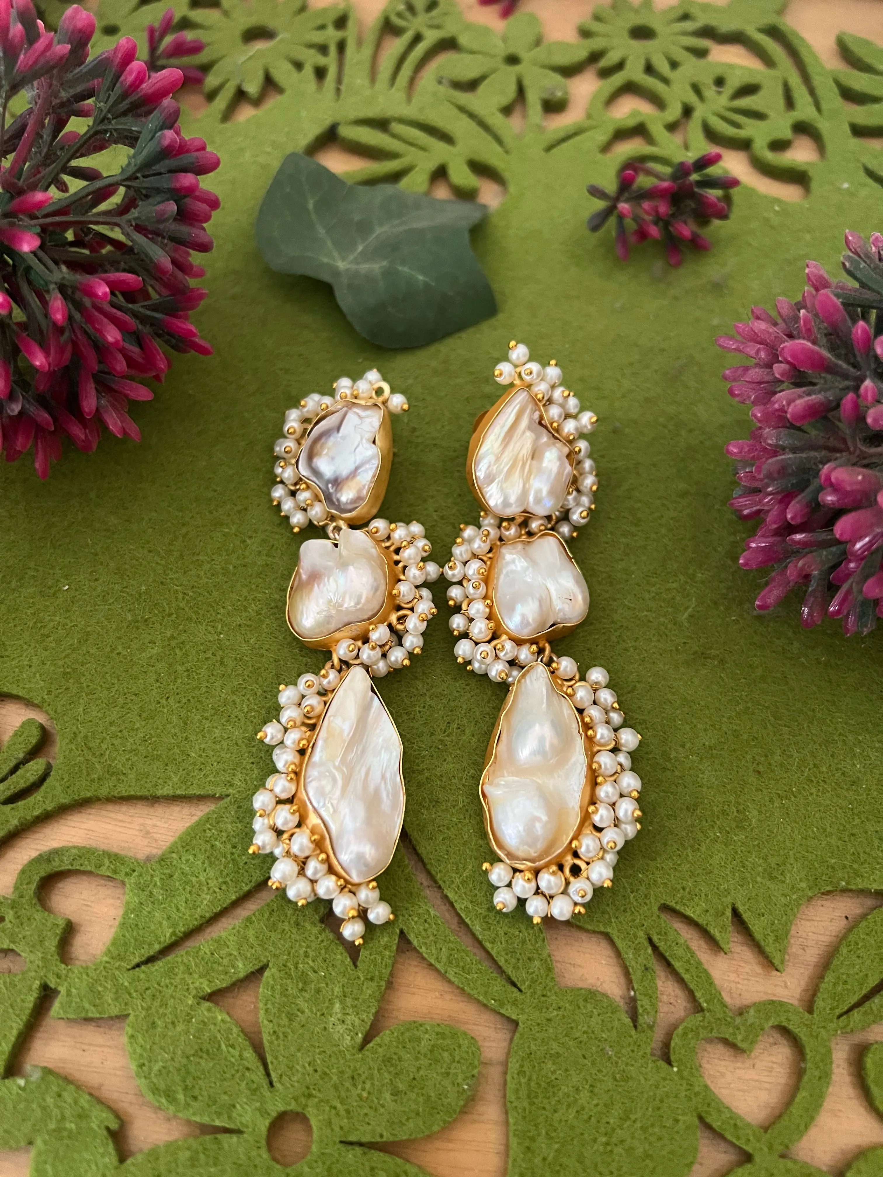 Three Tier Baroque Danglers/ Natural Gemstones Earrings/ Stylish Earrings