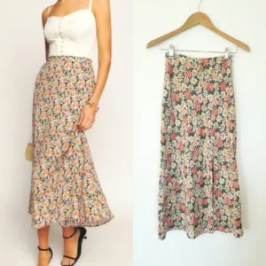 Topshop Vintage Maxi Floral Skirt Silky Front Slit Elastic Waistband Boho Flower
