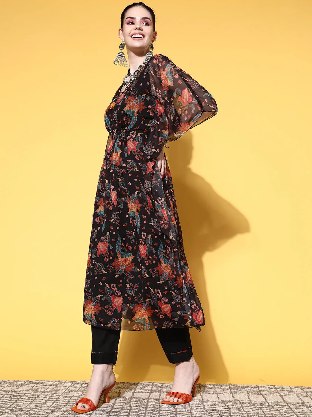 V-Neck Georgette Floral Print Black Fit & Flare Kaftan Set with Pants For Women - ZOLA