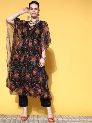V-Neck Georgette Floral Print Black Fit & Flare Kaftan Set with Pants For Women - ZOLA