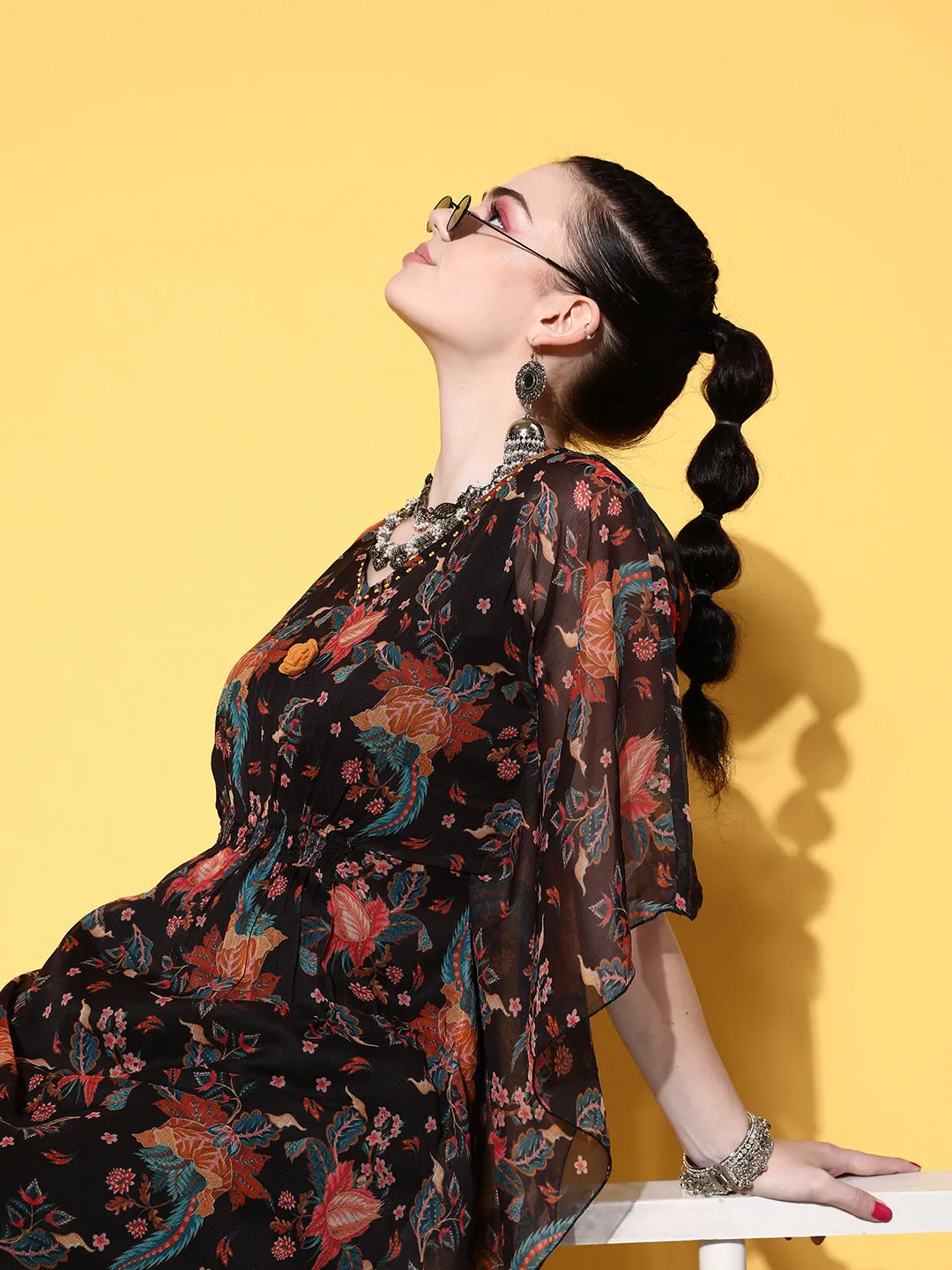 V-Neck Georgette Floral Print Black Fit & Flare Kaftan Set with Pants For Women - ZOLA