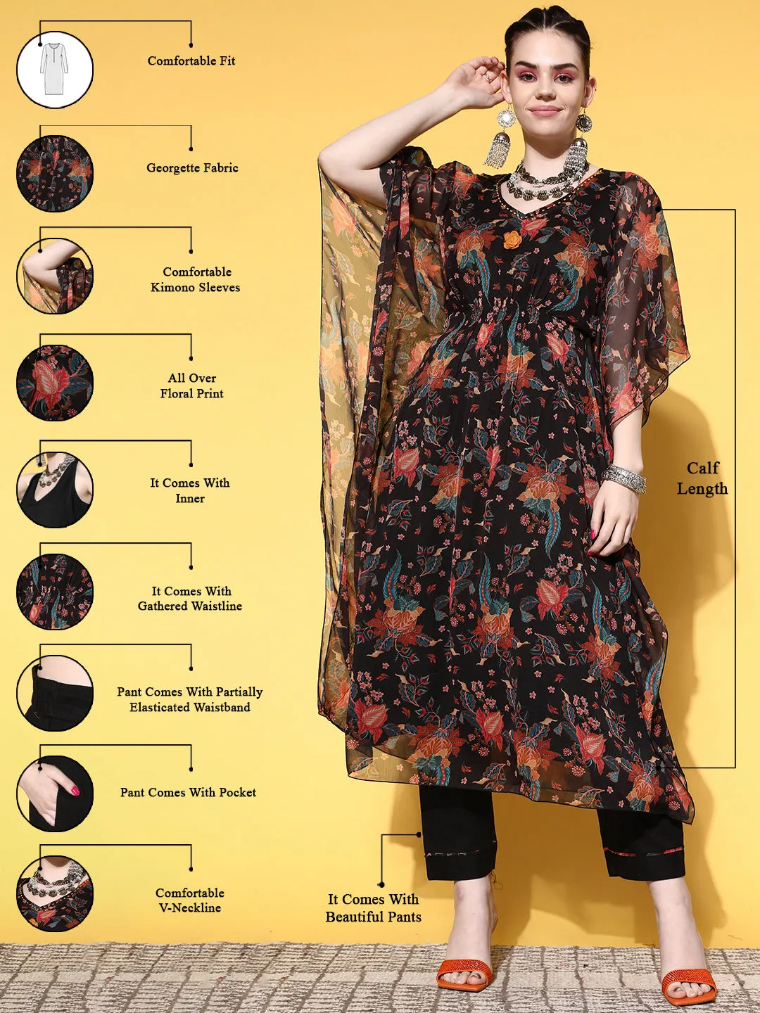 V-Neck Georgette Floral Print Black Fit & Flare Kaftan Set with Pants For Women - ZOLA