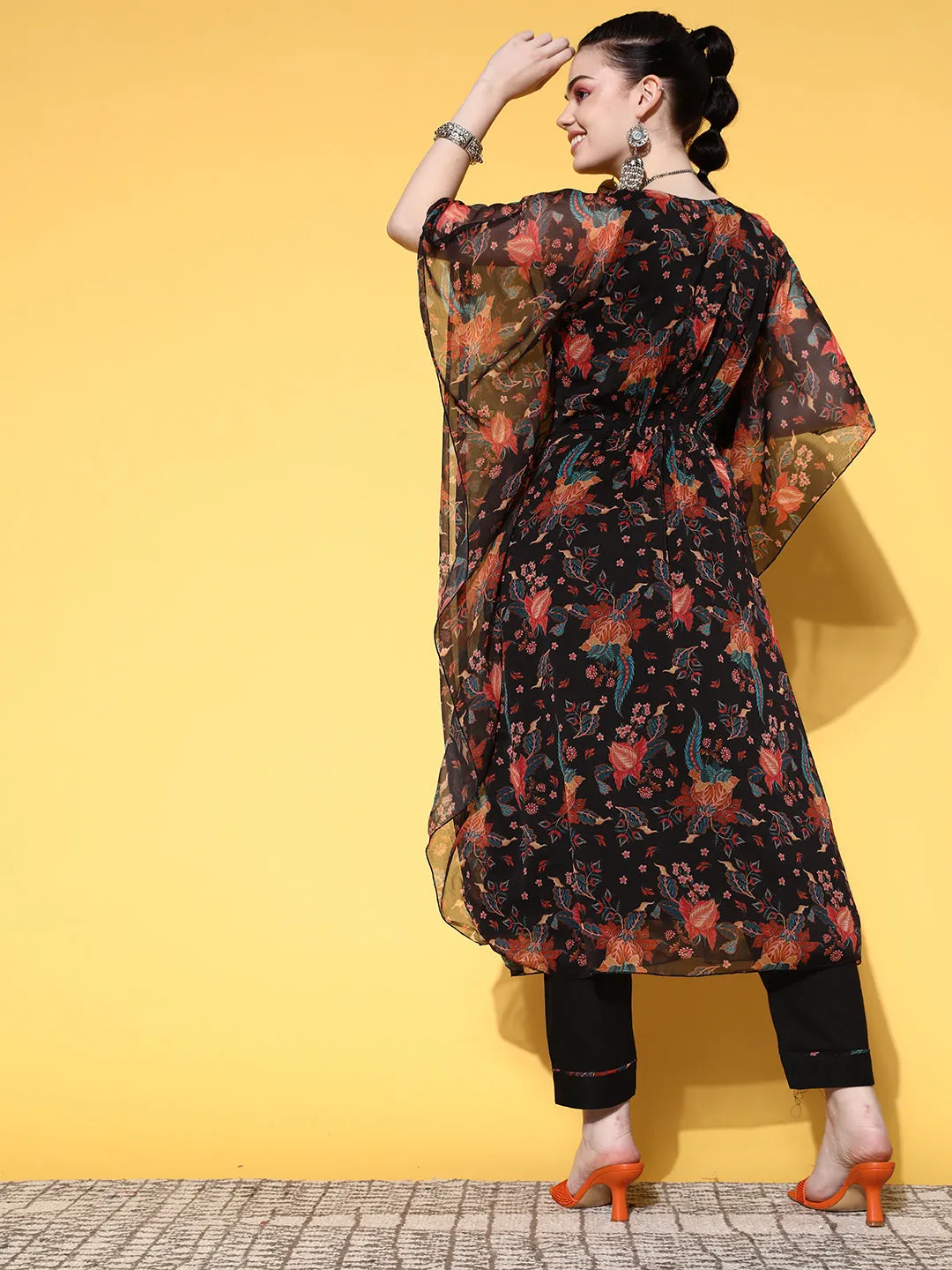 V-Neck Georgette Floral Print Black Fit & Flare Kaftan Set with Pants For Women - ZOLA