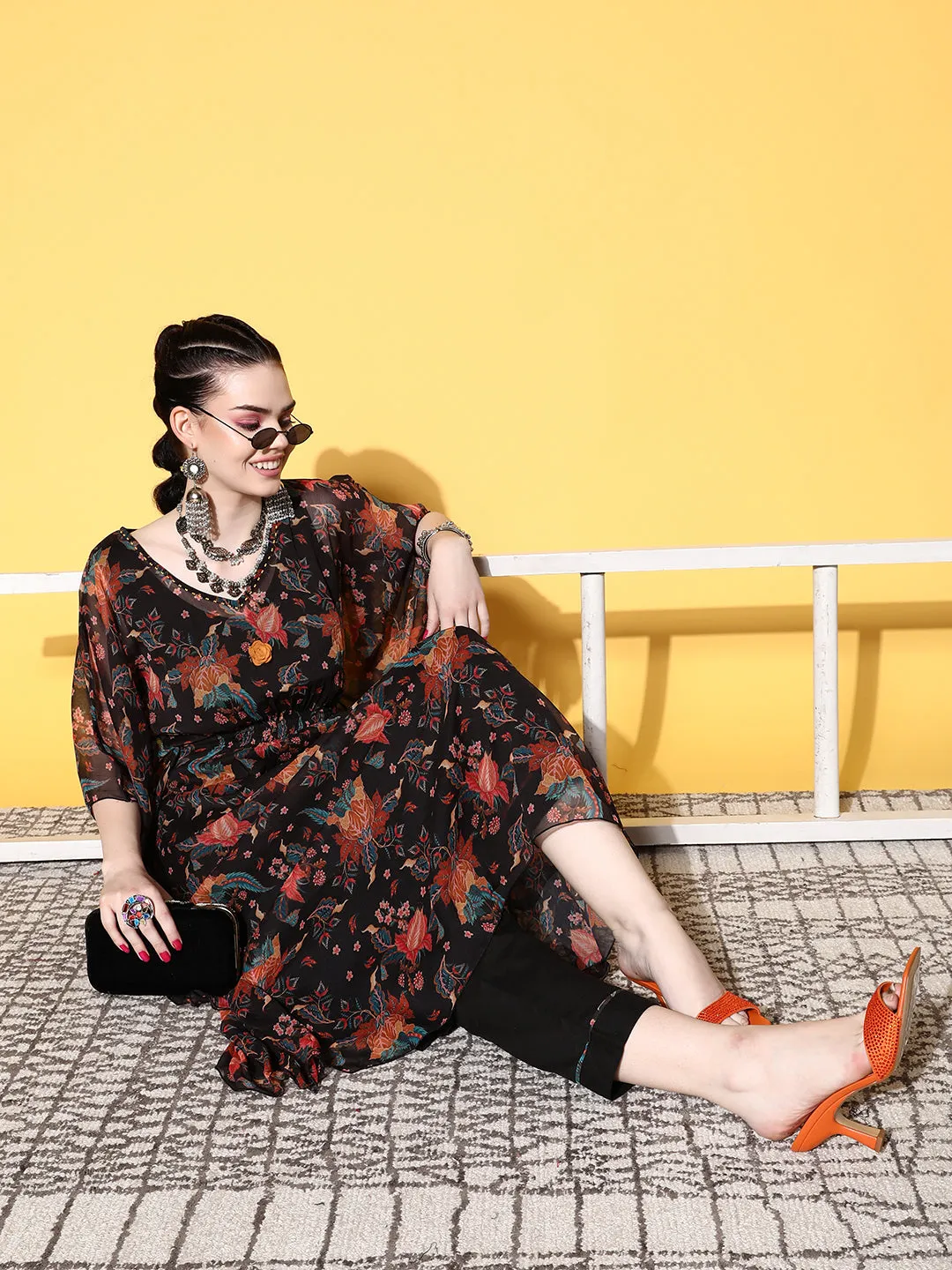 V-Neck Georgette Floral Print Black Fit & Flare Kaftan Set with Pants For Women - ZOLA