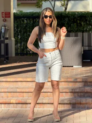 Vikki" Stretching Embroidery  Denim Crop Top And Matching Bermuda Set