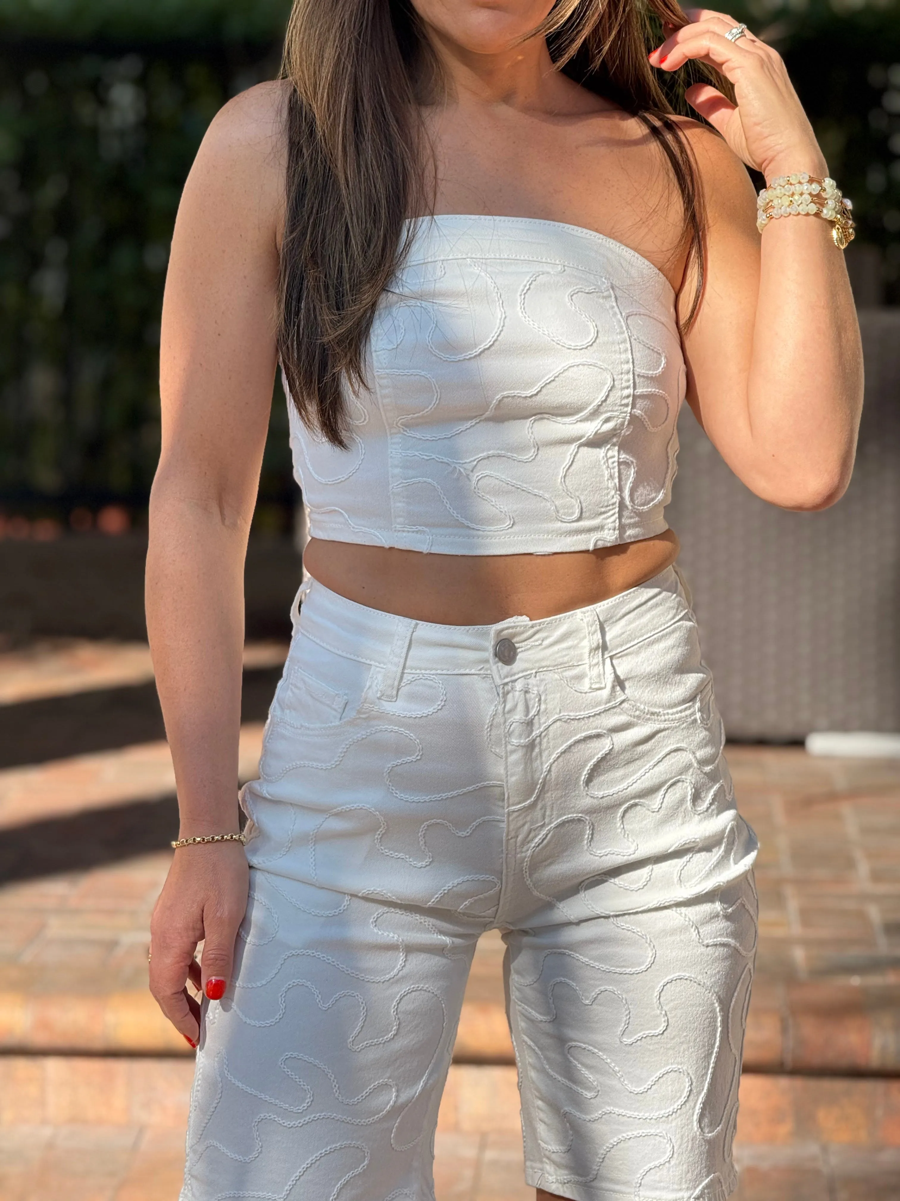 Vikki" Stretching Embroidery  Denim Crop Top And Matching Bermuda Set