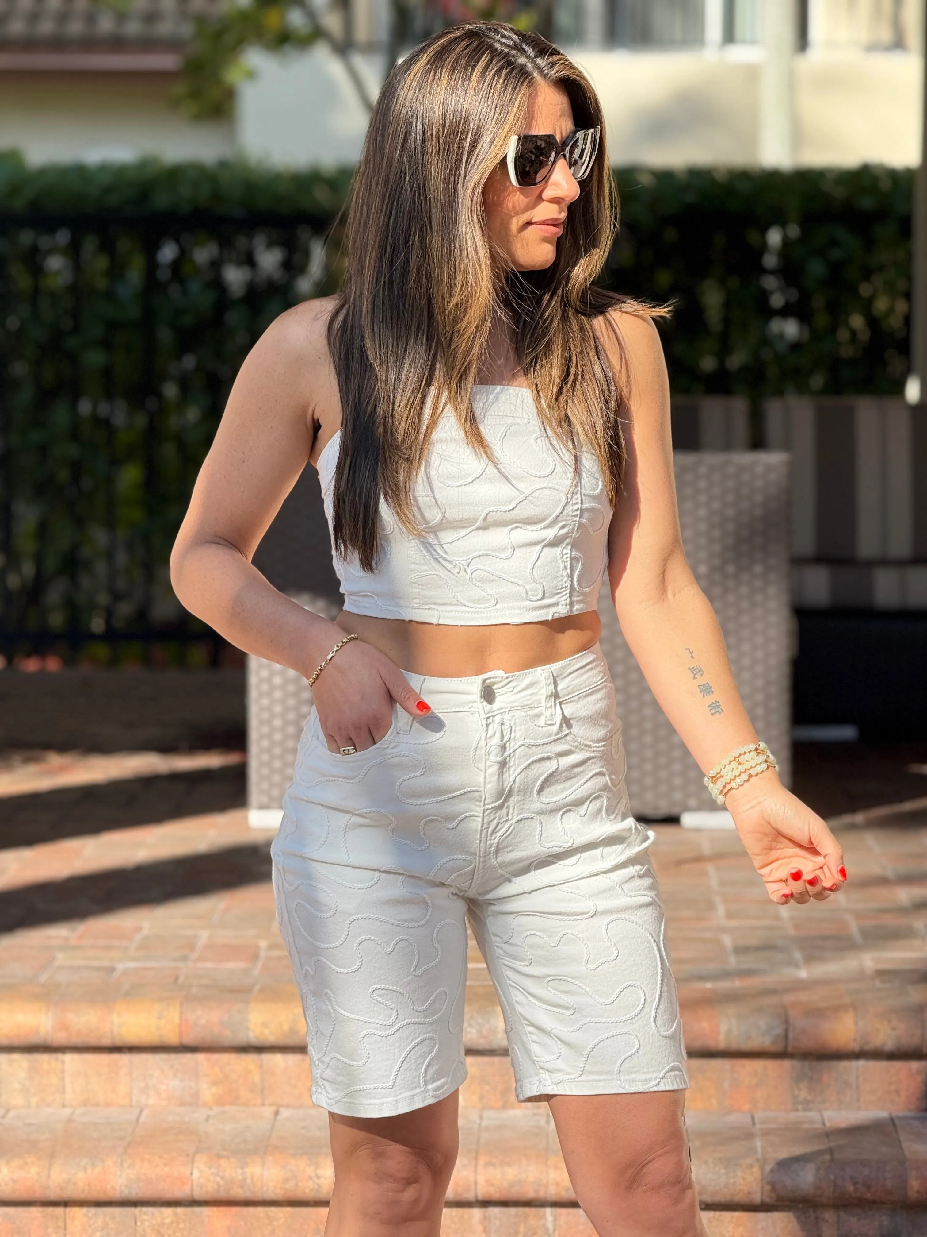 Vikki" Stretching Embroidery  Denim Crop Top And Matching Bermuda Set