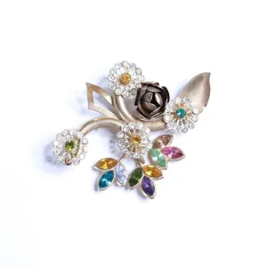 Vintage 1940s Colorful Rhinestone Flower Brooch with Gold Roses