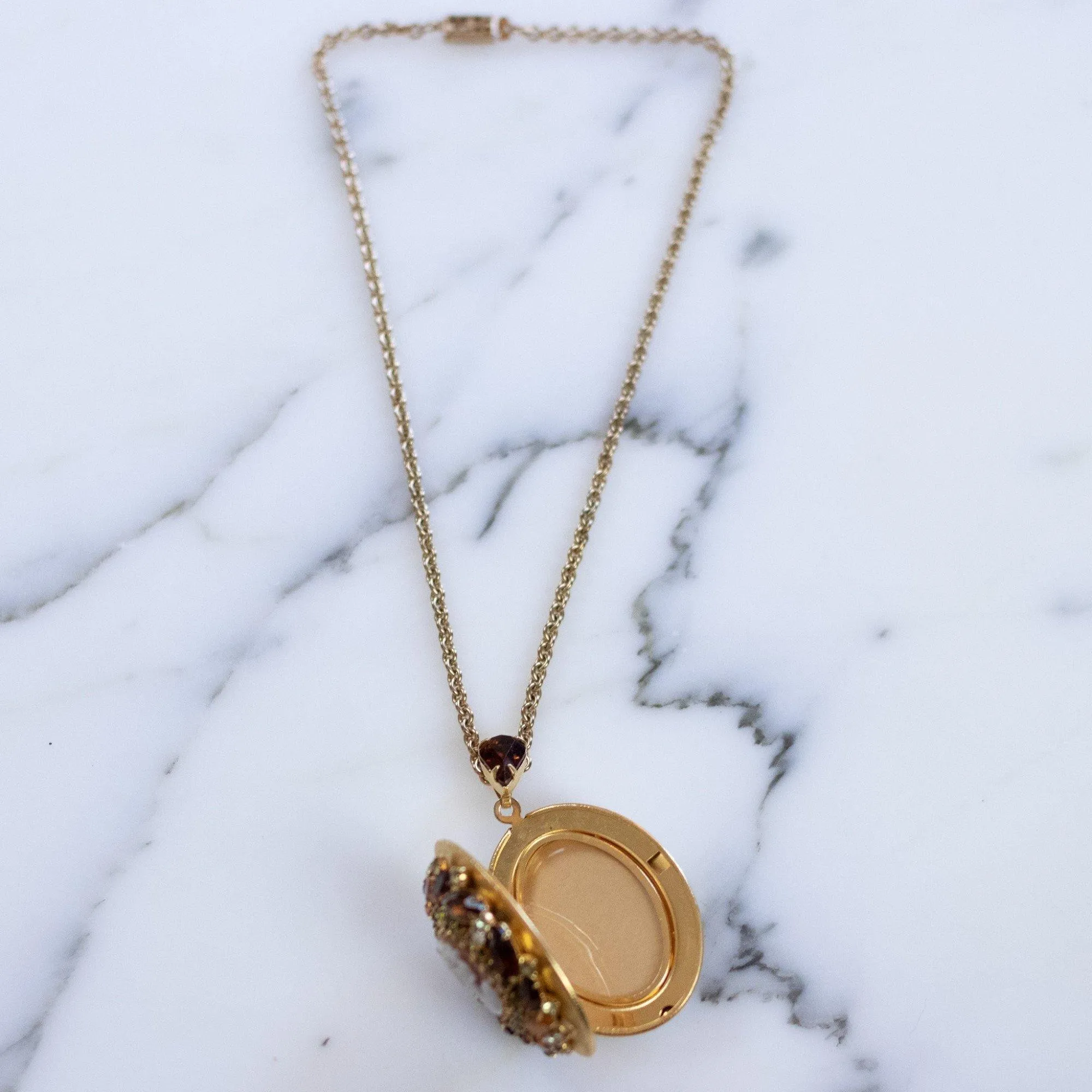 Vintage 1950s Hobe Cameo Locket with Amber, Citrine, and Light Green Rhinestones