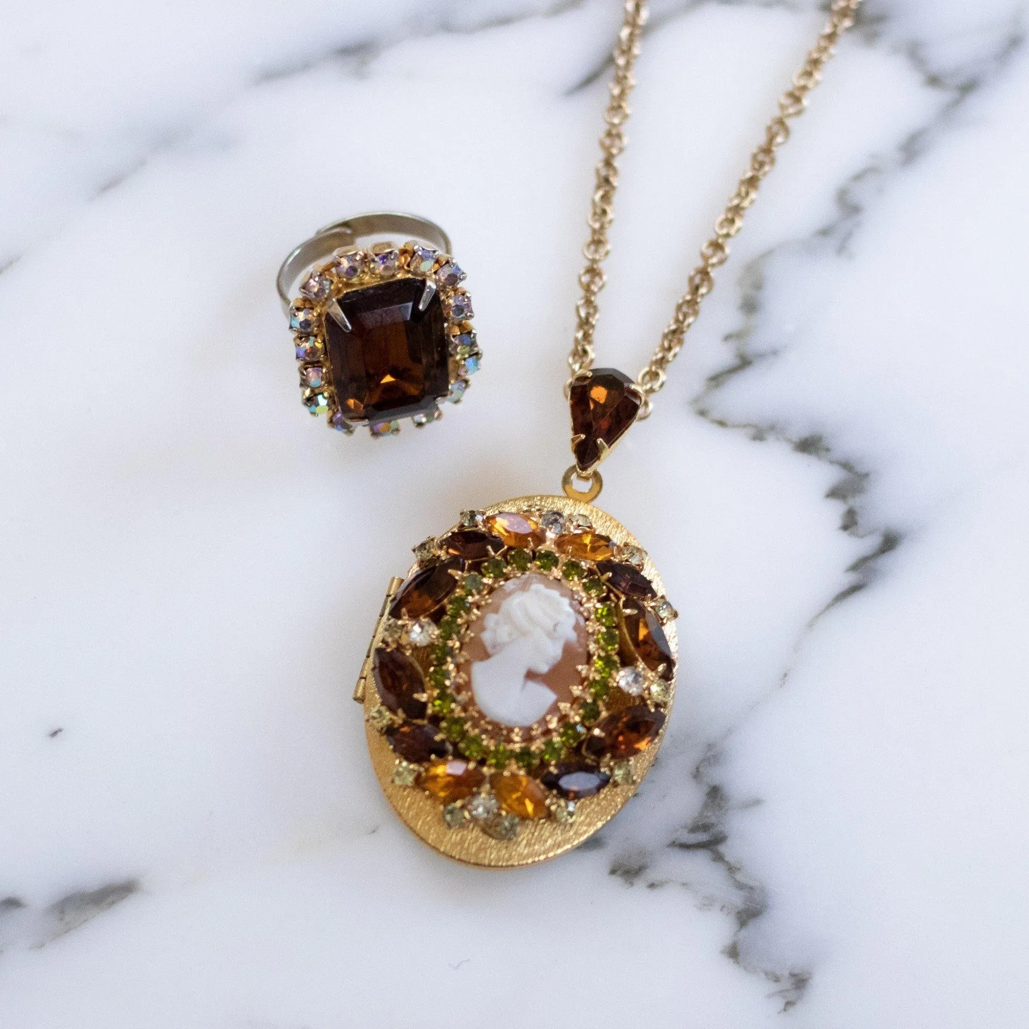 Vintage 1950s Hobe Cameo Locket with Amber, Citrine, and Light Green Rhinestones