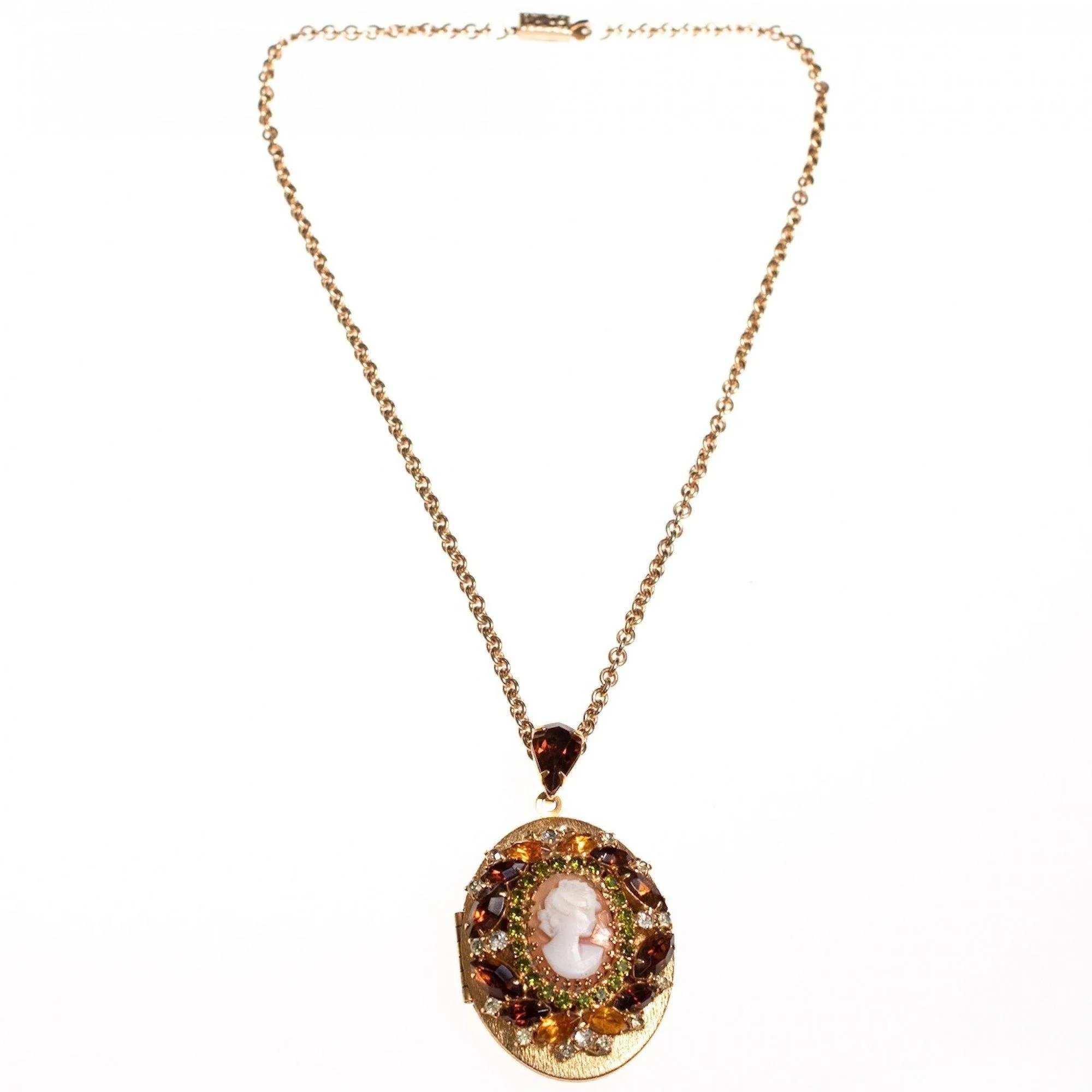 Vintage 1950s Hobe Cameo Locket with Amber, Citrine, and Light Green Rhinestones