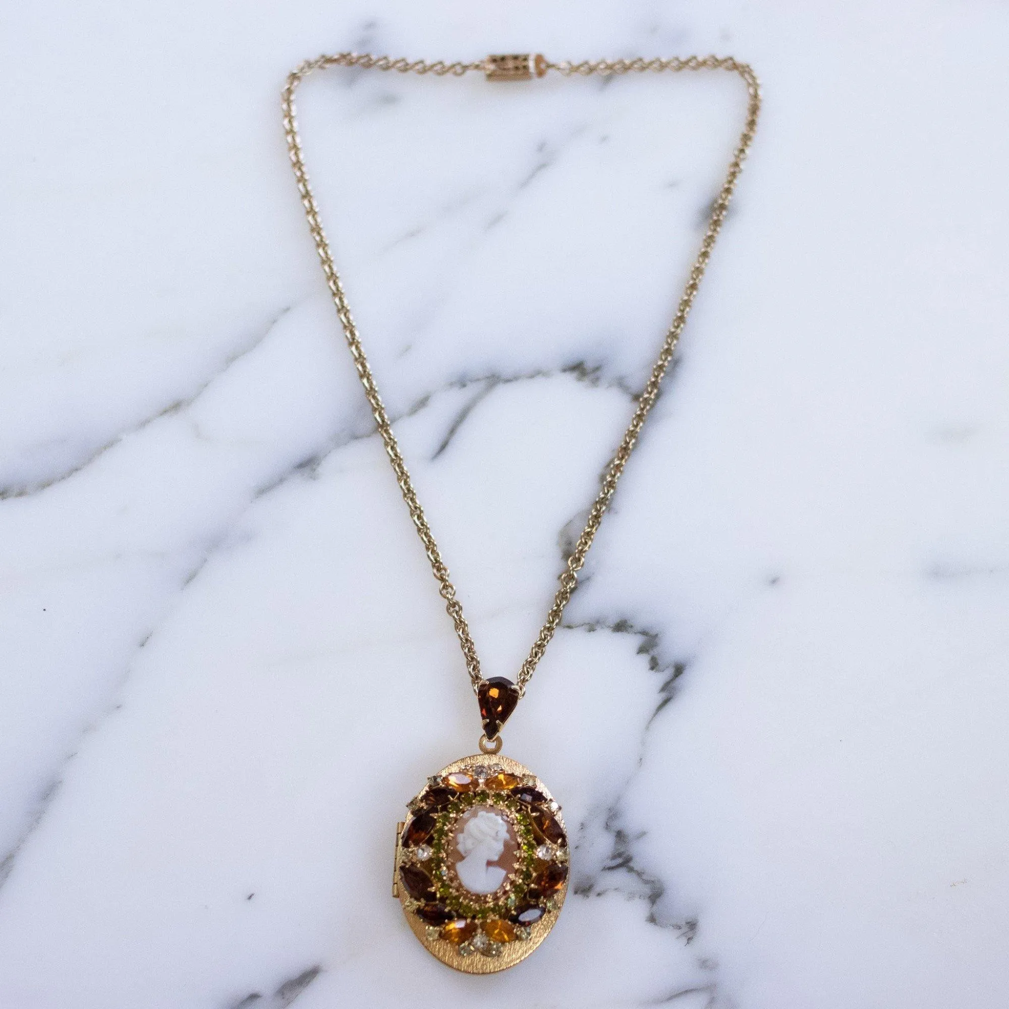 Vintage 1950s Hobe Cameo Locket with Amber, Citrine, and Light Green Rhinestones