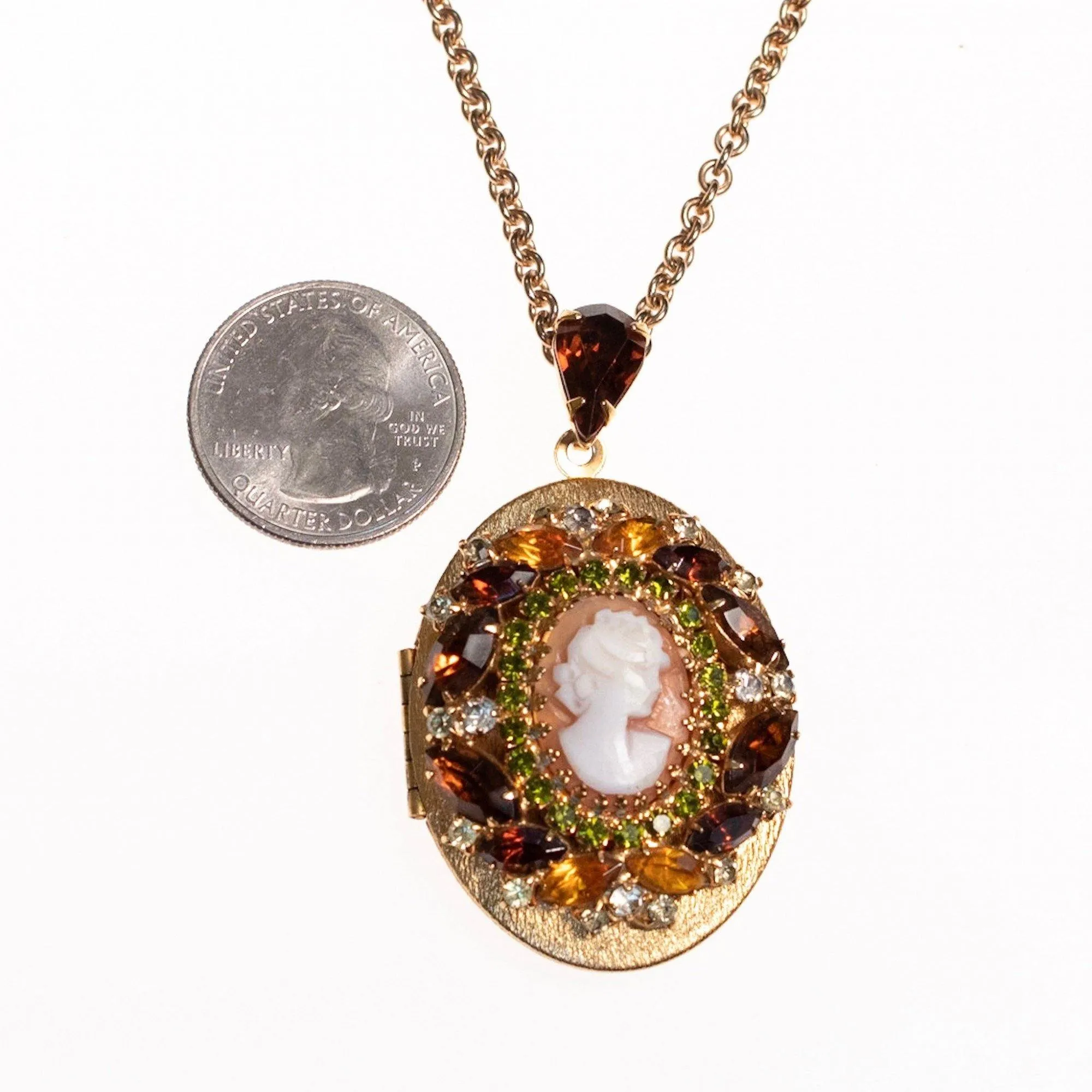 Vintage 1950s Hobe Cameo Locket with Amber, Citrine, and Light Green Rhinestones