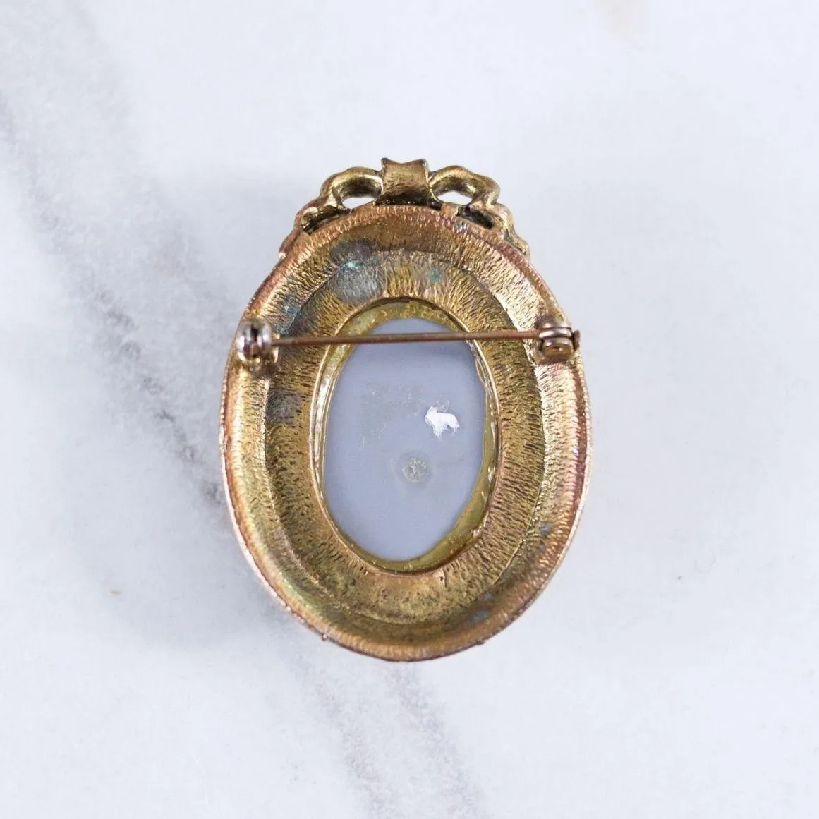 Vintage Blue and White Wedgewood Cameo Brooch with Gold Frame with Ribbon