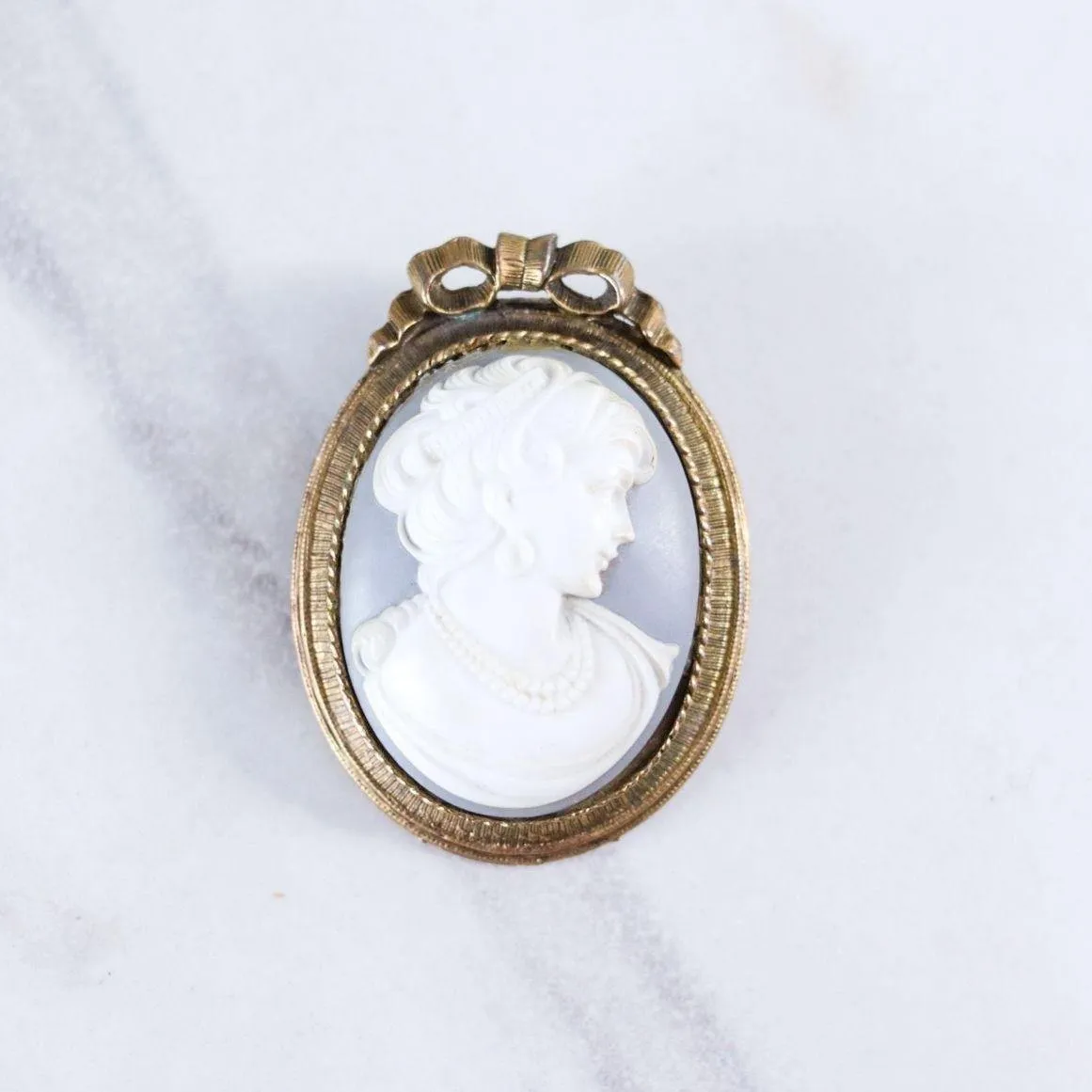 Vintage Blue and White Wedgewood Cameo Brooch with Gold Frame with Ribbon