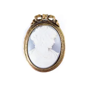 Vintage Blue and White Wedgewood Cameo Brooch with Gold Frame with Ribbon