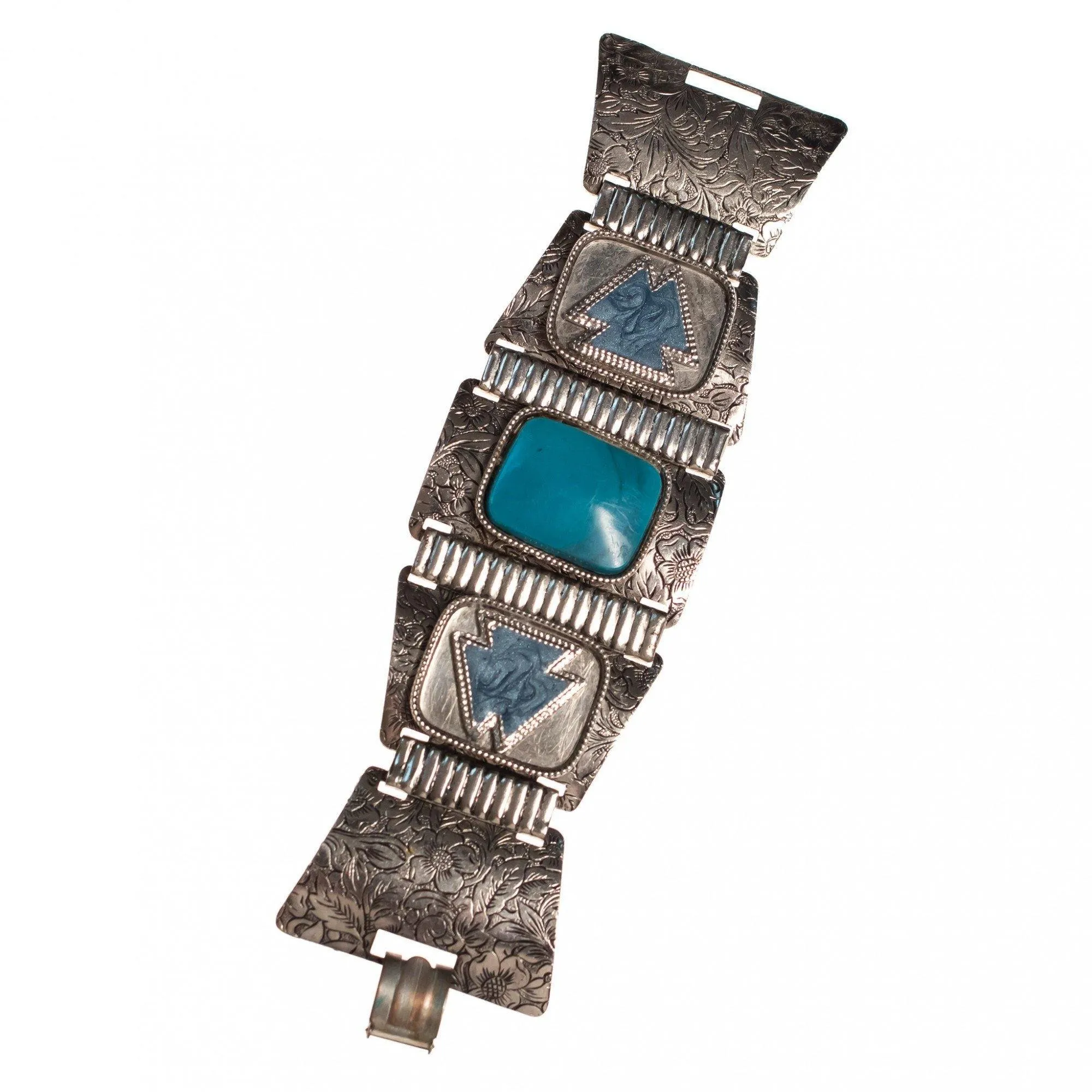 Vintage Boho Chic Mid Century Modern Silver and Turquoise Lucite Chunky Panel Bracelet