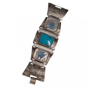 Vintage Boho Chic Mid Century Modern Silver and Turquoise Lucite Chunky Panel Bracelet