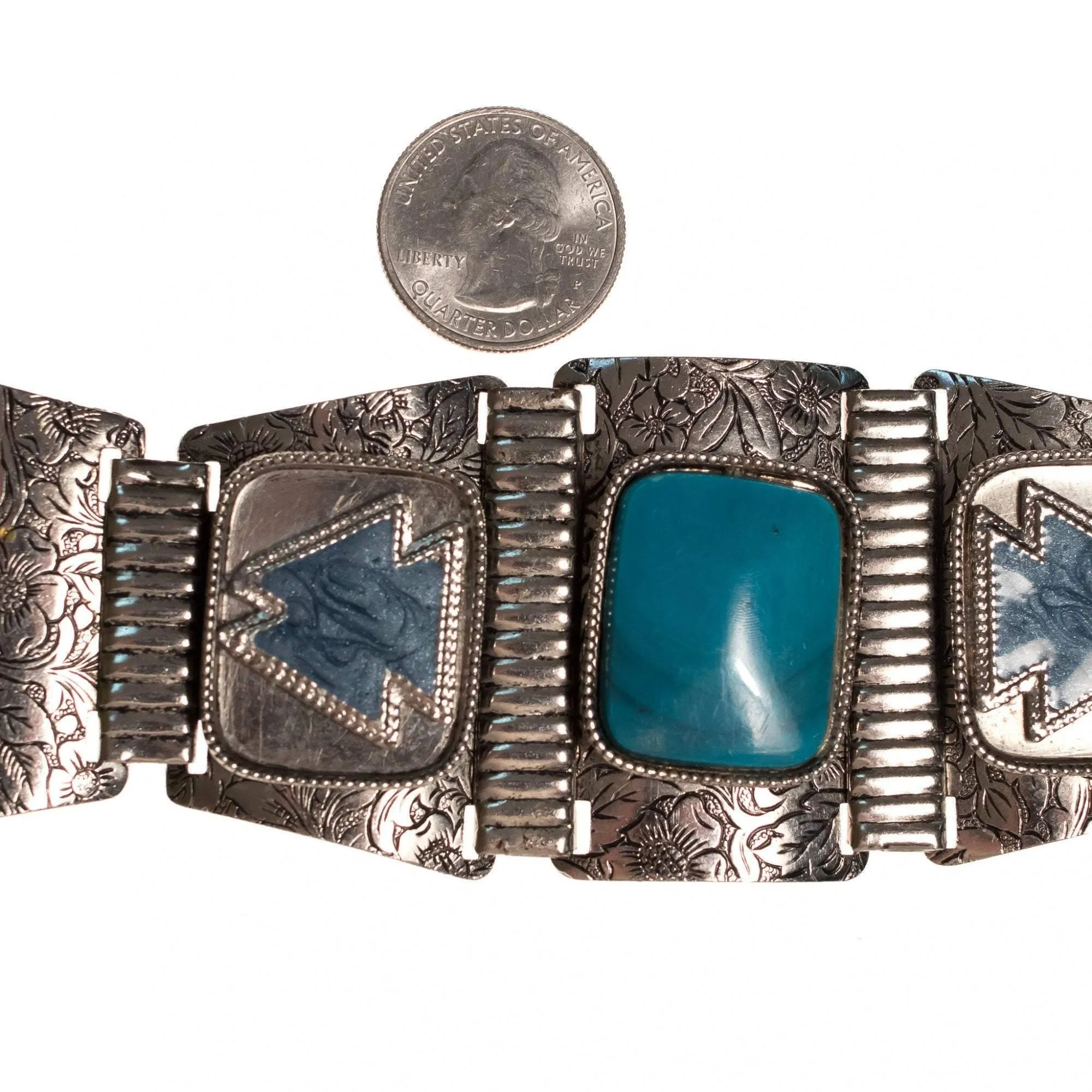 Vintage Boho Chic Mid Century Modern Silver and Turquoise Lucite Chunky Panel Bracelet