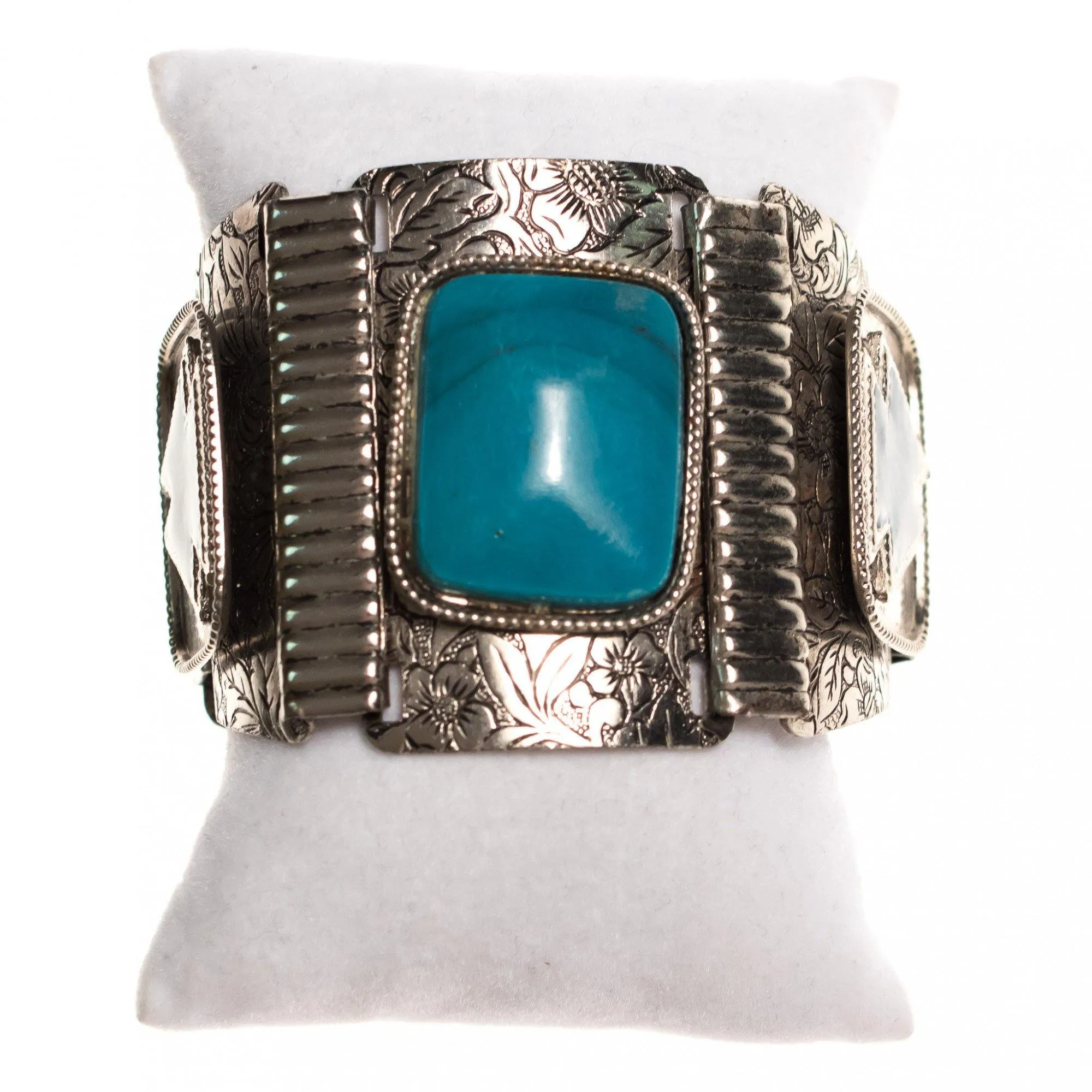 Vintage Boho Chic Mid Century Modern Silver and Turquoise Lucite Chunky Panel Bracelet