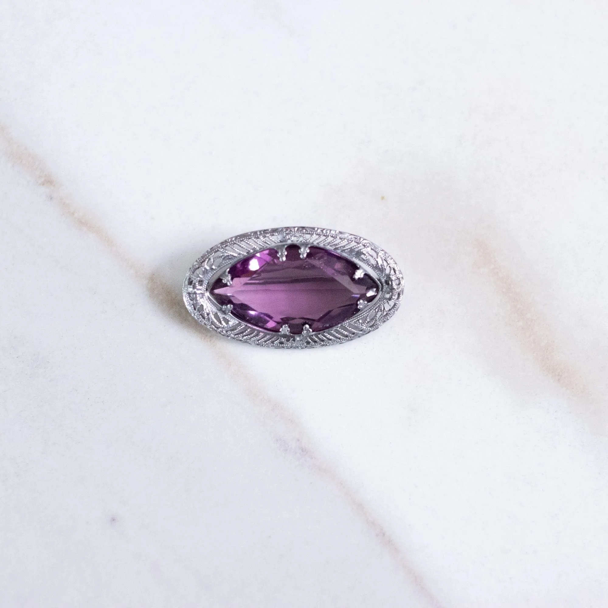 Vintage Edwardian Filigree Brooch with Amethyst Crystal