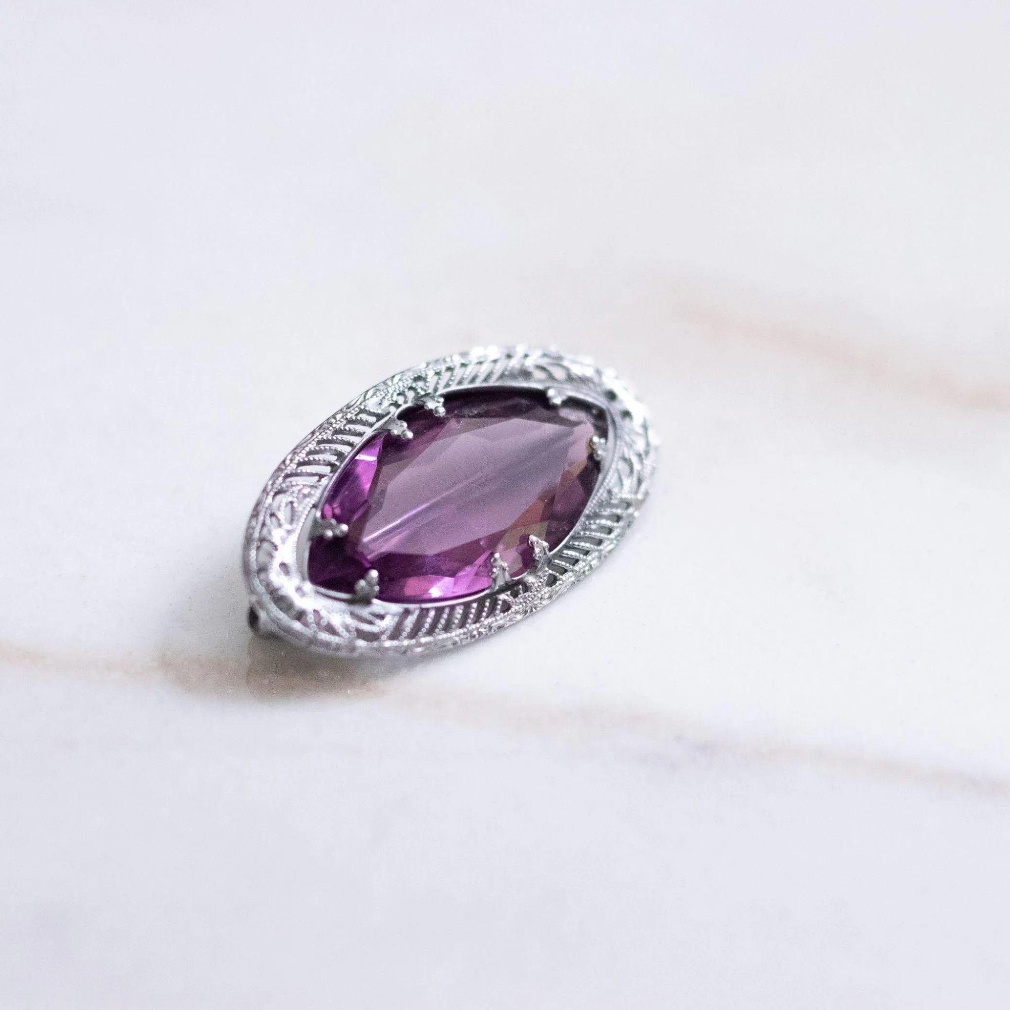 Vintage Edwardian Filigree Brooch with Amethyst Crystal