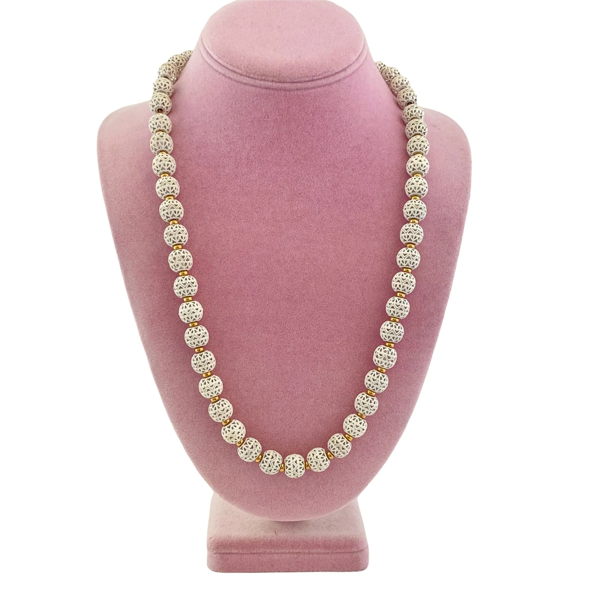 Vintage Monet White Pierced Lattice Bead Necklace
