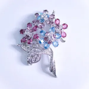 Vintage Nolan Miller Pink and Blue Rhinestone Large Flower Brooch