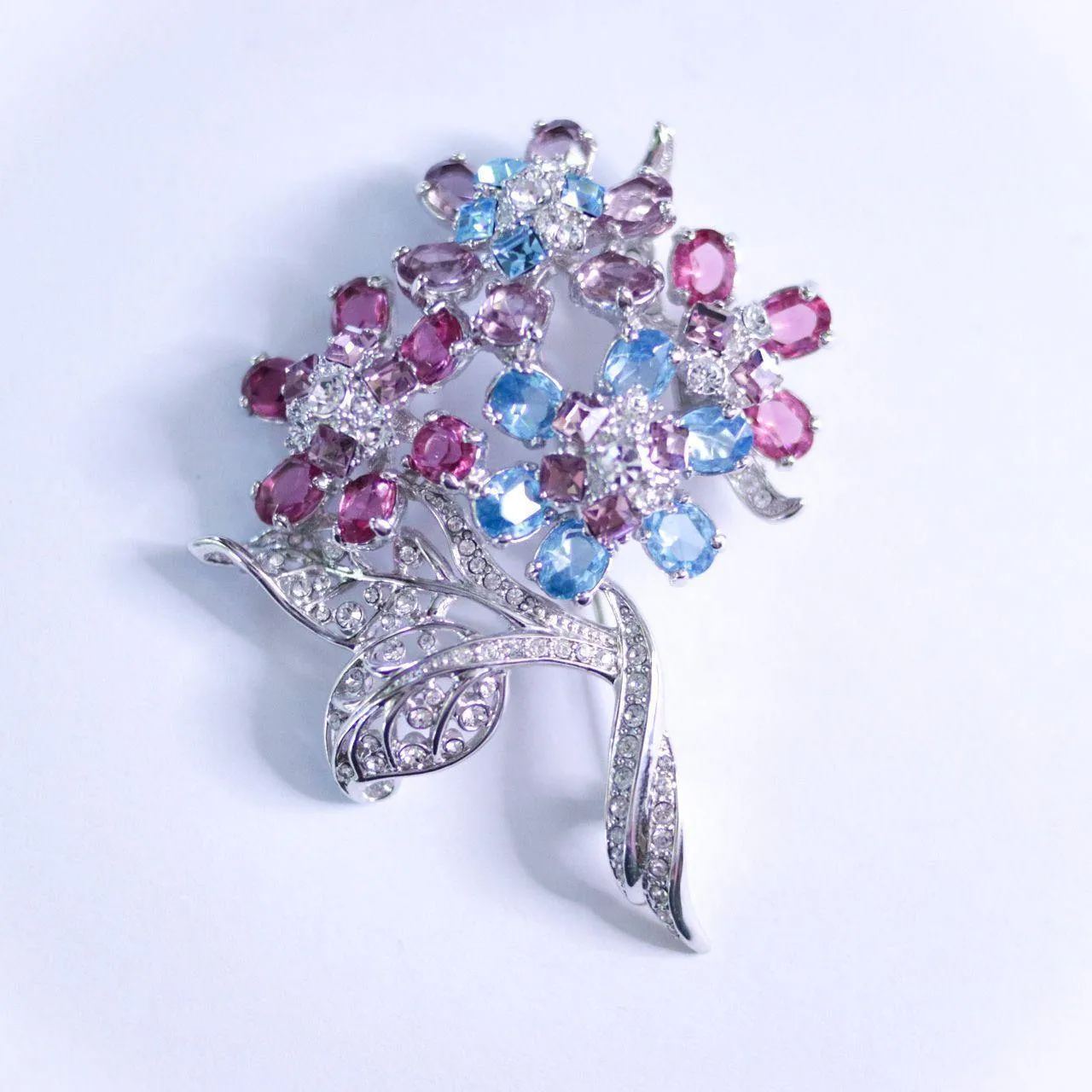 Vintage Nolan Miller Pink and Blue Rhinestone Large Flower Brooch