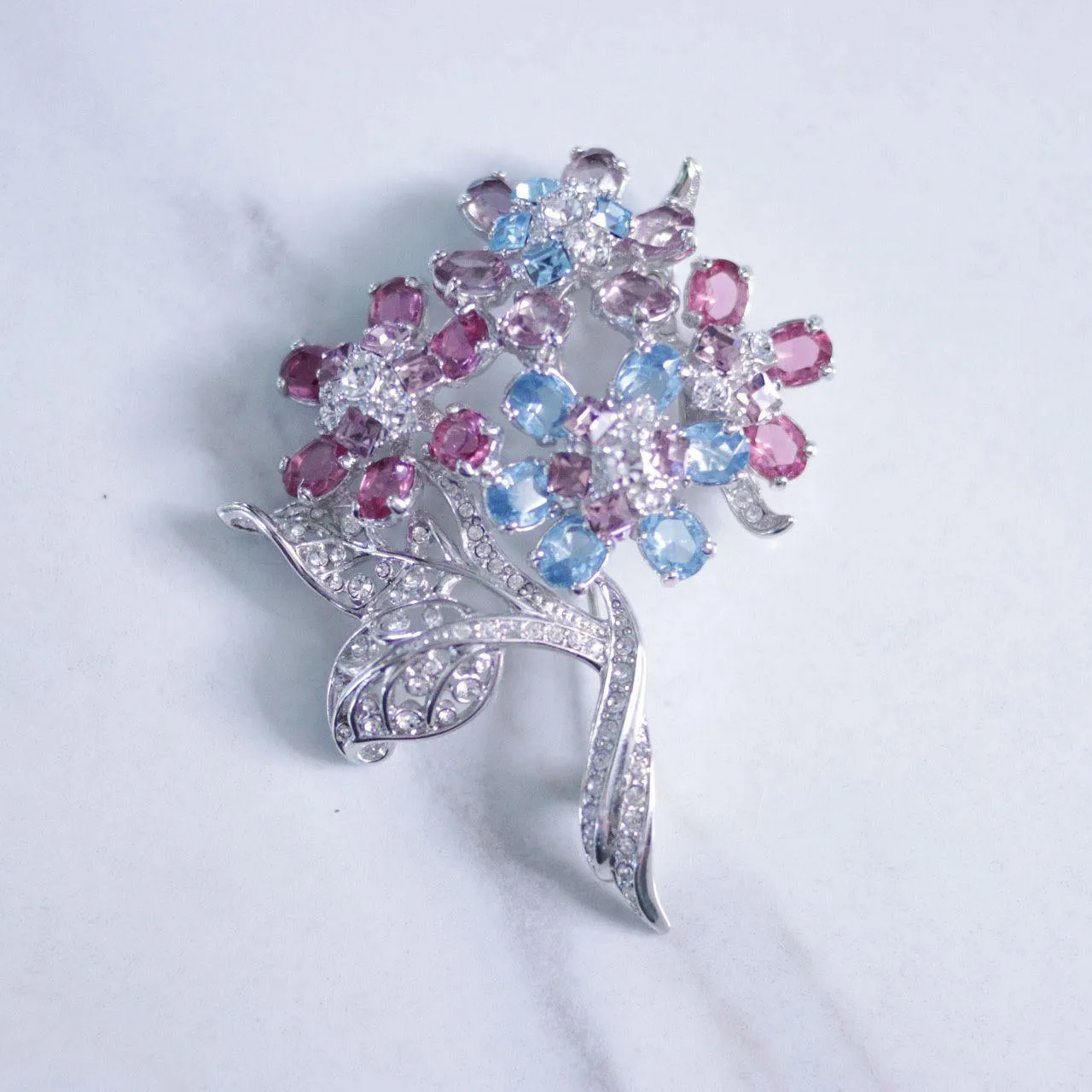 Vintage Nolan Miller Pink and Blue Rhinestone Large Flower Brooch