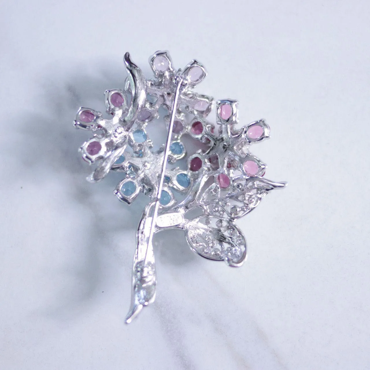 Vintage Nolan Miller Pink and Blue Rhinestone Large Flower Brooch