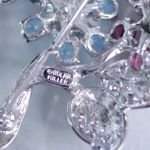 Vintage Nolan Miller Pink and Blue Rhinestone Large Flower Brooch