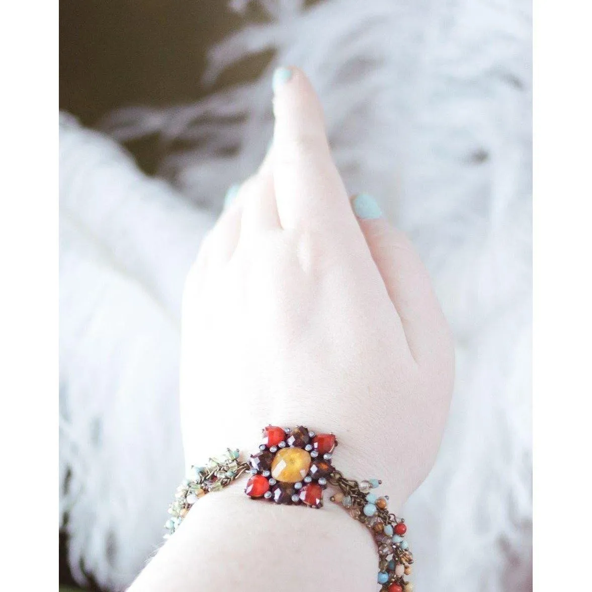 Vintage Red, Amber, Turquoise Bead Bracelet