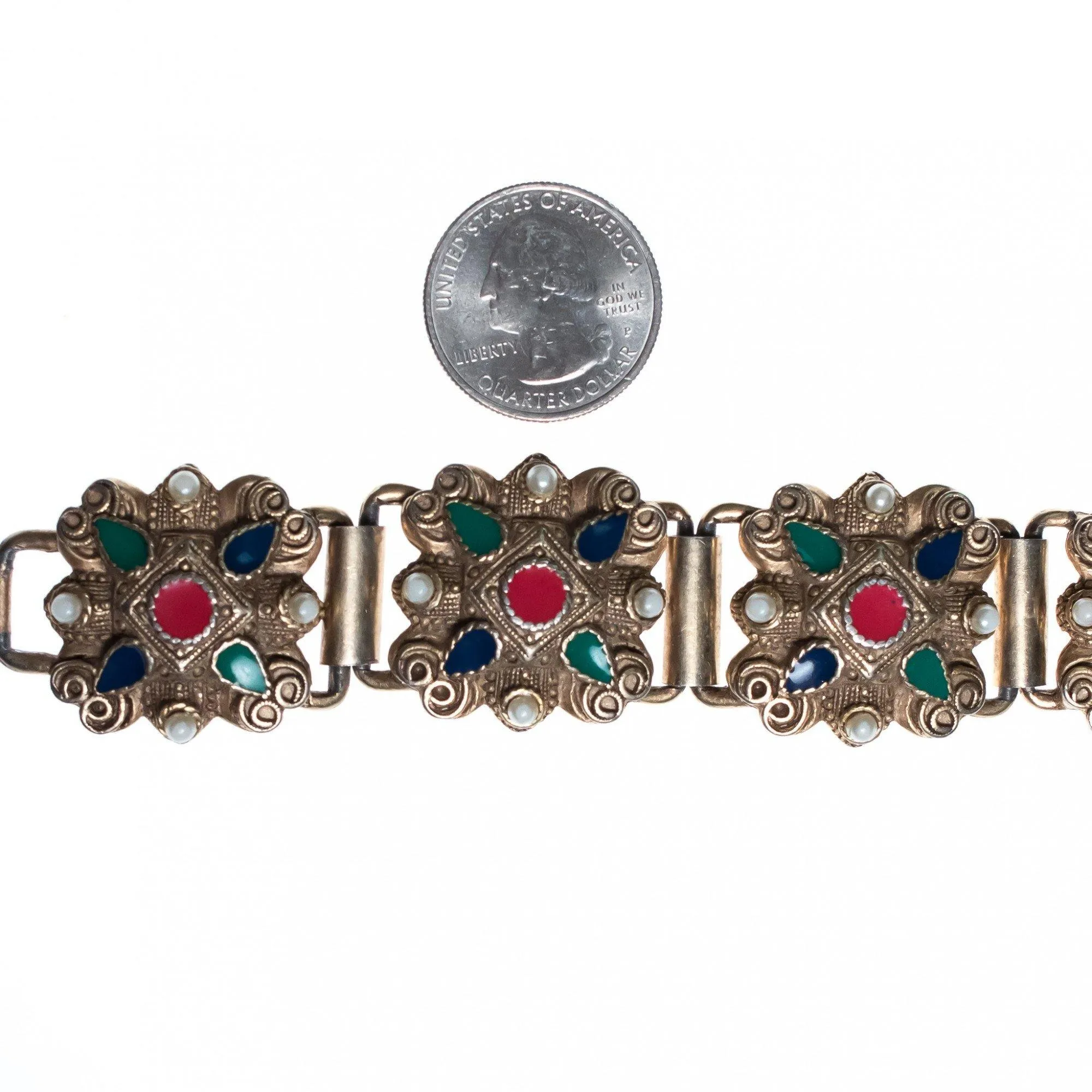 Vintage Silver Embossed Panel Bracelet with Red, Green, Blue Enamel and Faux Pearls