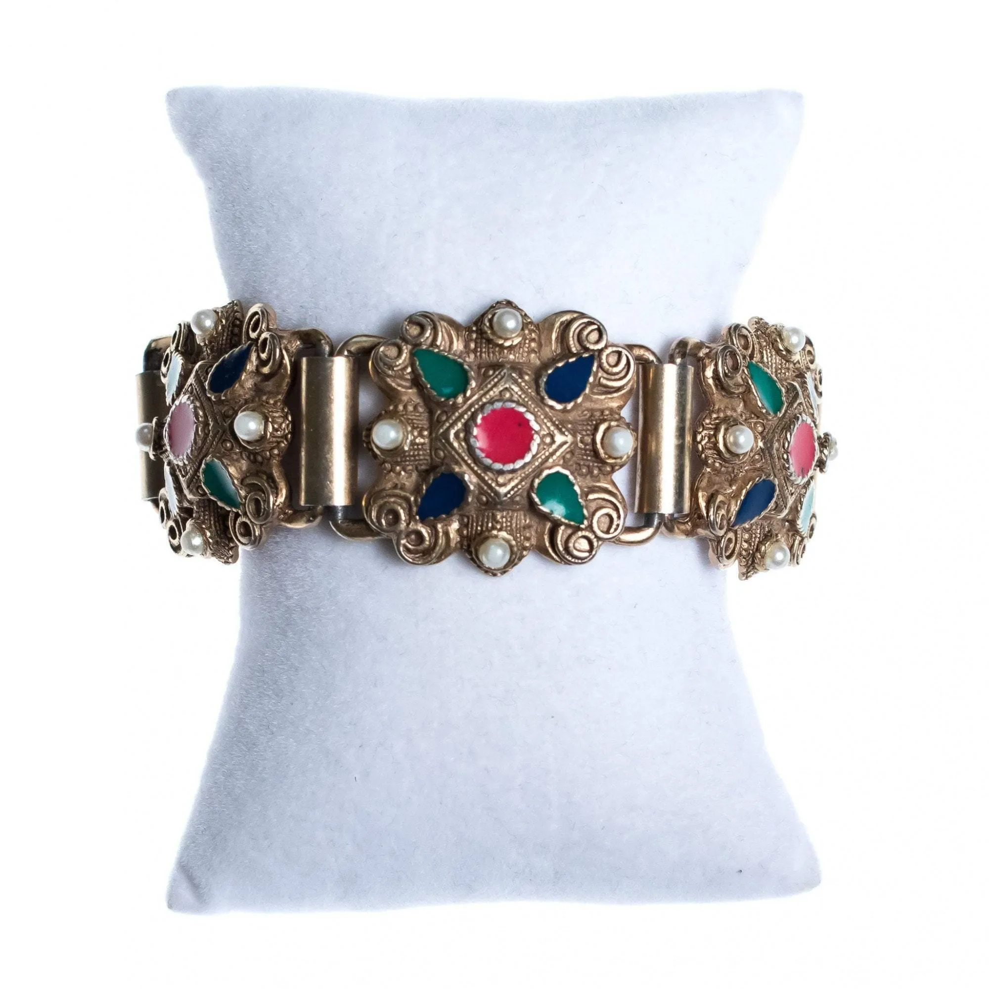 Vintage Silver Embossed Panel Bracelet with Red, Green, Blue Enamel and Faux Pearls