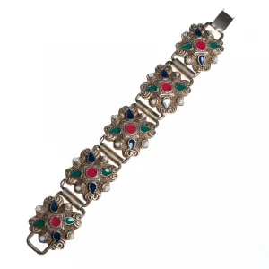 Vintage Silver Embossed Panel Bracelet with Red, Green, Blue Enamel and Faux Pearls