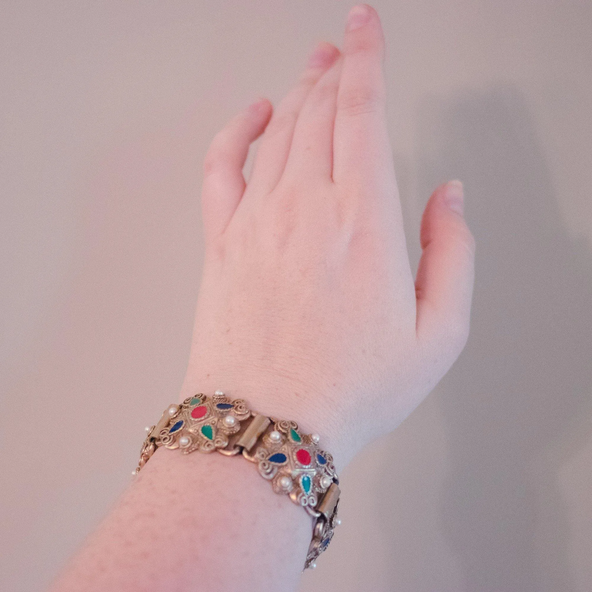 Vintage Silver Embossed Panel Bracelet with Red, Green, Blue Enamel and Faux Pearls