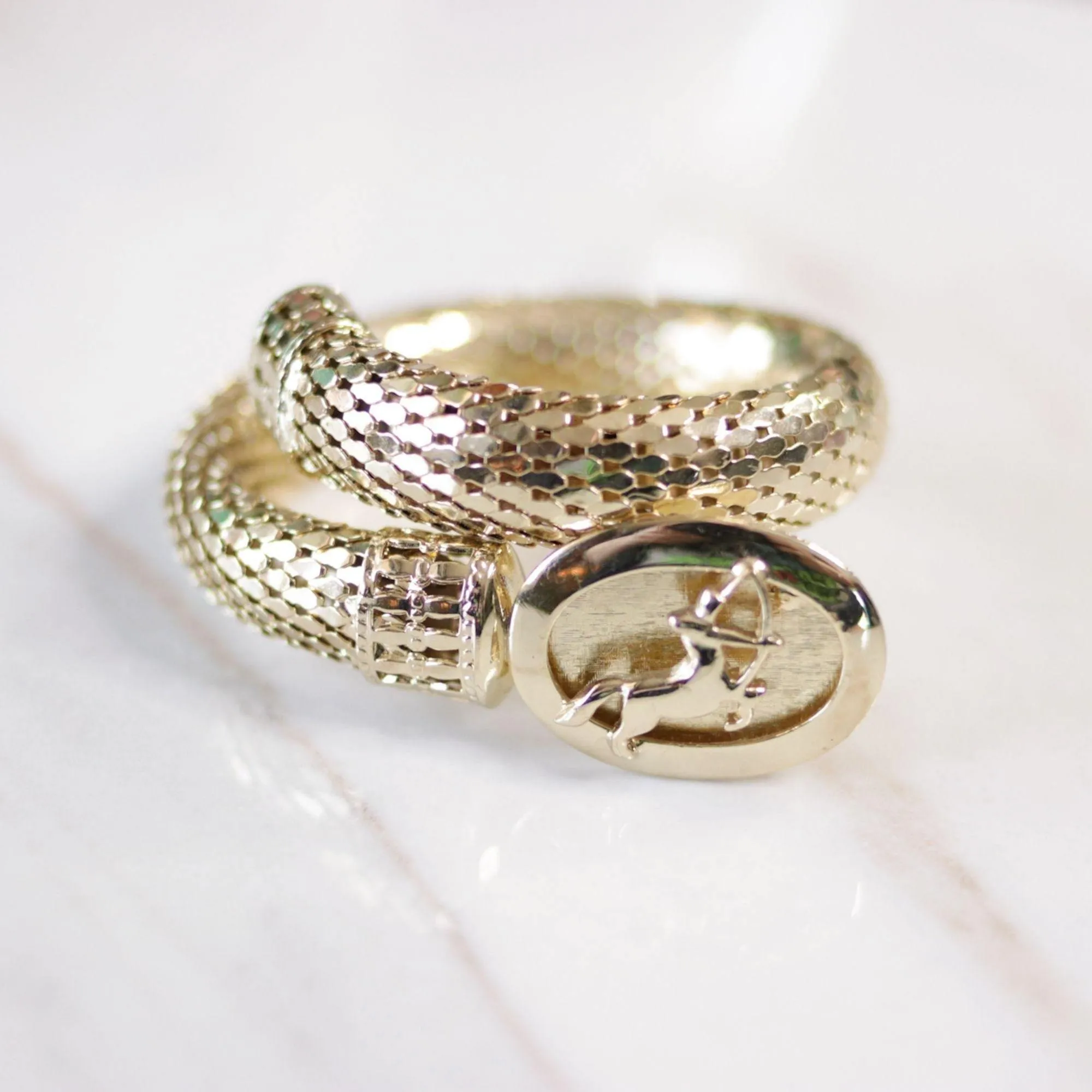 Vintage Whiting and Davis Sagittarius  Zodiac Sign Gold Mesh Coil Bracelet