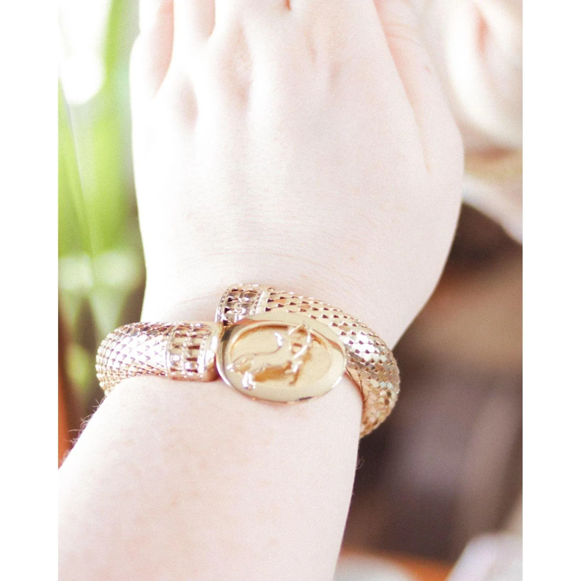 Vintage Whiting and Davis Sagittarius  Zodiac Sign Gold Mesh Coil Bracelet