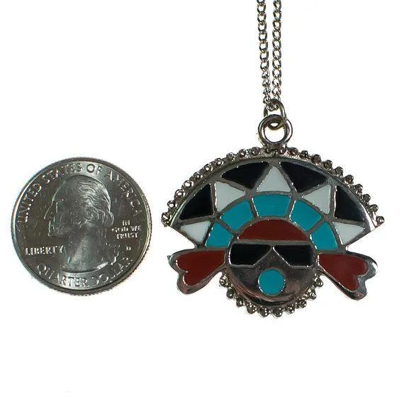 Vintage Zuni Mask Man Painted Enamel Pendant Necklace