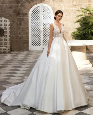 Wedding Dress Ball V-Neck Tank Button Lace Appliques Sequined