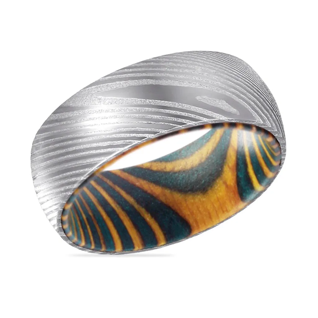 WEDGE | Green & Yellow Wood, Silver Damascus Steel, Domed