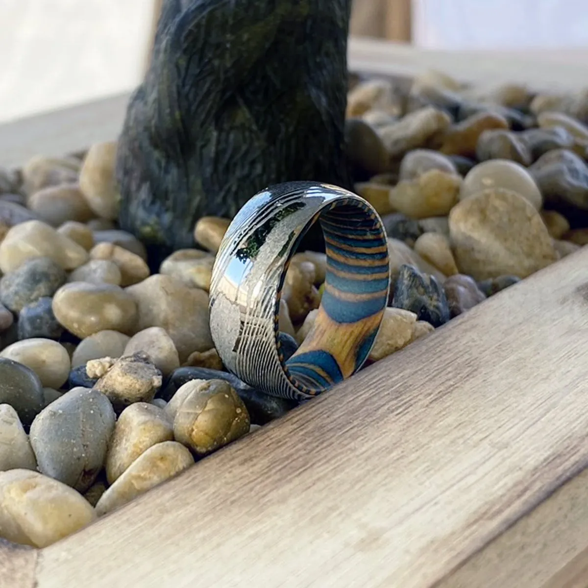 WEDGE | Green & Yellow Wood, Silver Damascus Steel, Domed