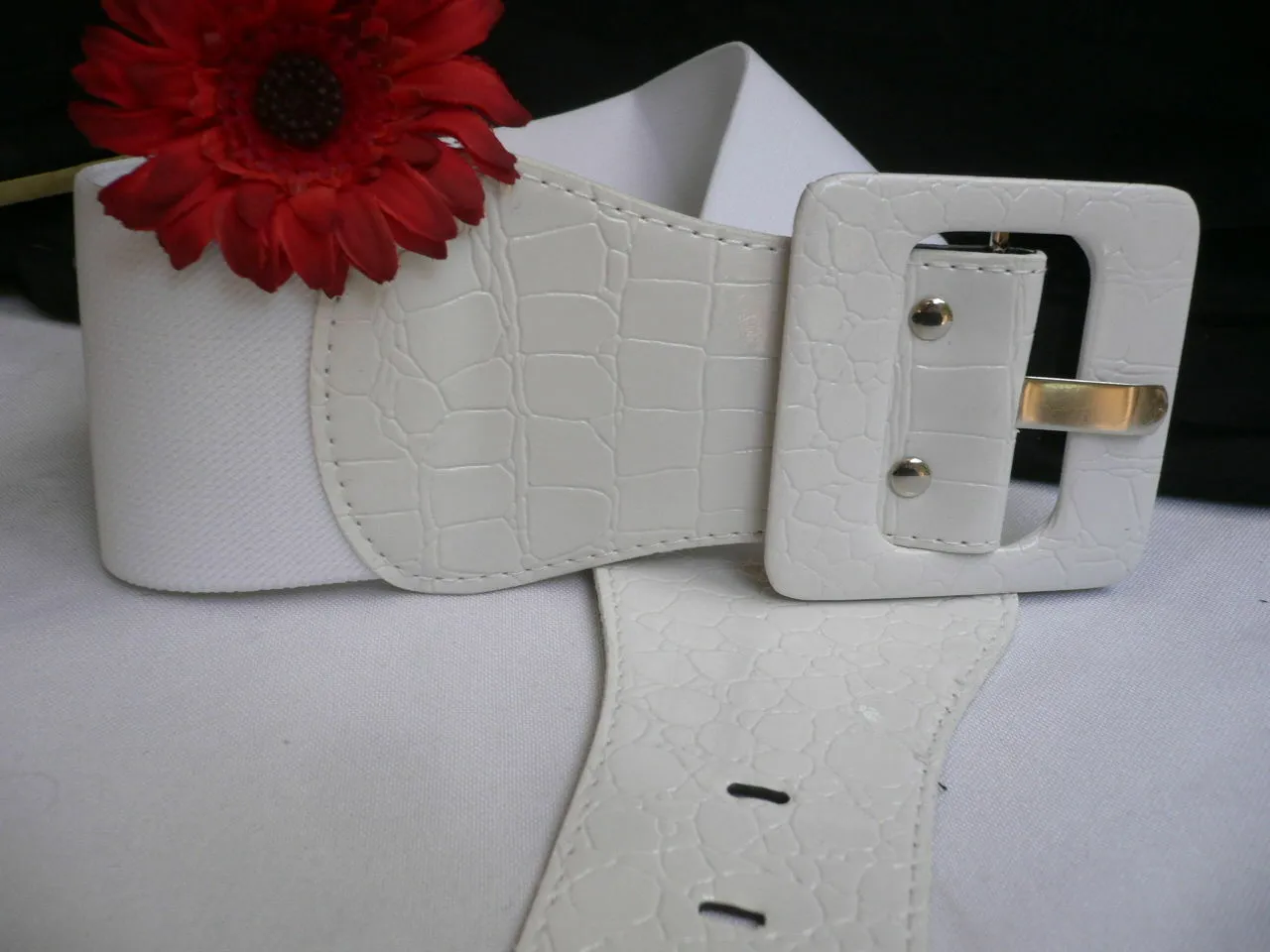White Belt Hip Elastic Waistband Waist Stretch Fabric Square Buckle