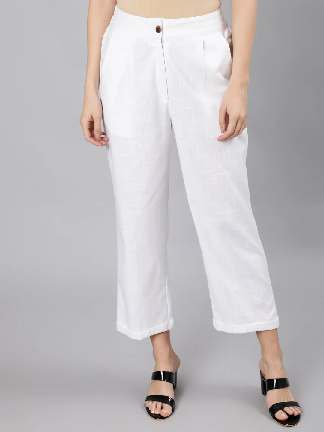 White Cotton Slub Straight High Rise Bottom-Fold Pants
