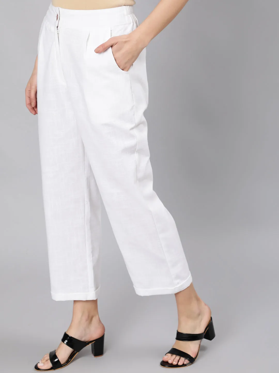 White Cotton Slub Straight High Rise Bottom-Fold Pants