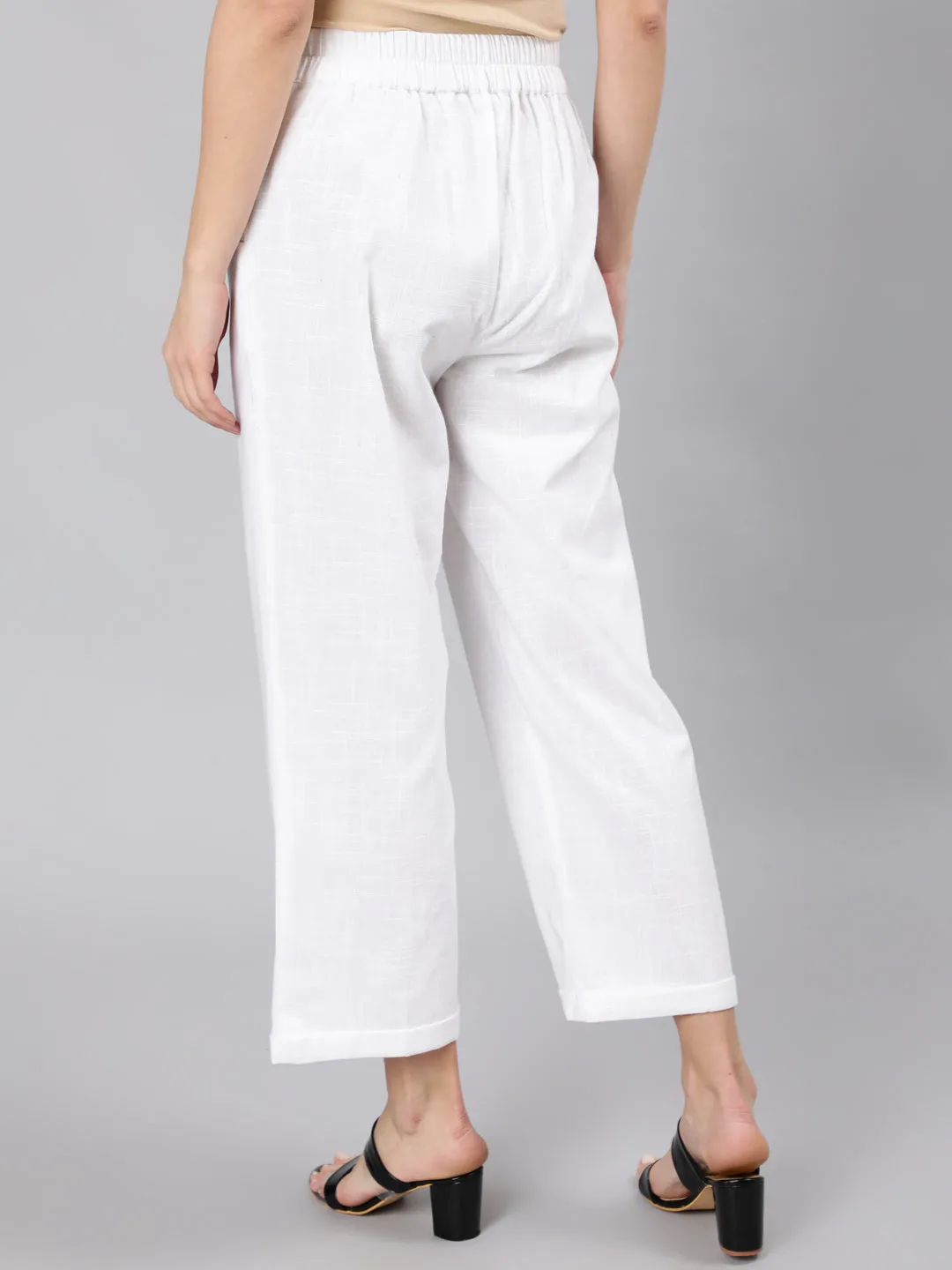 White Cotton Slub Straight High Rise Bottom-Fold Pants