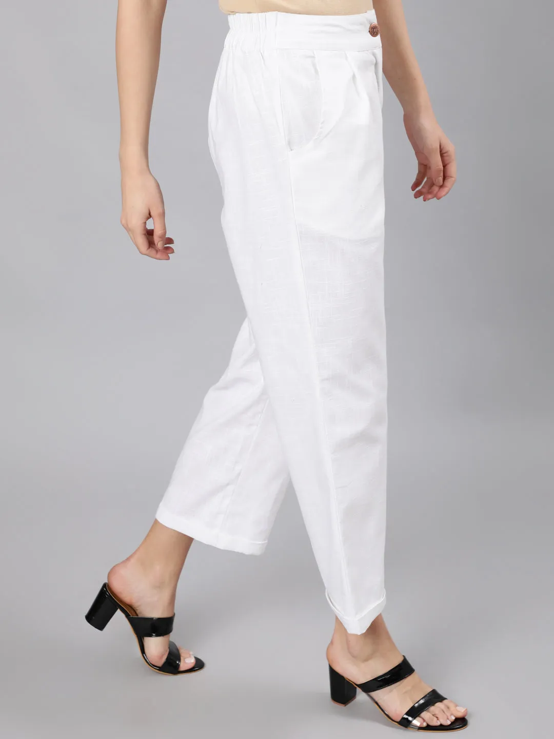 White Cotton Slub Straight High Rise Bottom-Fold Pants